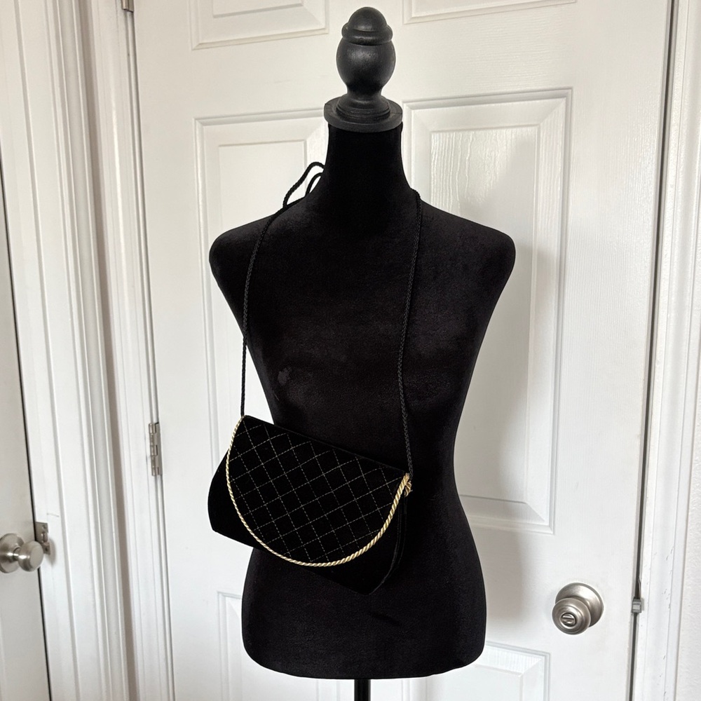 Carolyne Barton Black Velvet Quilted Crossbody Bag with Gold Accent